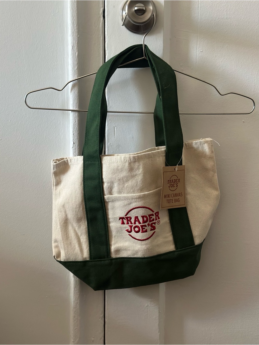 Trader Joe's Limited Edition Mini Canvas Tote Bag in Cream and Dark Green